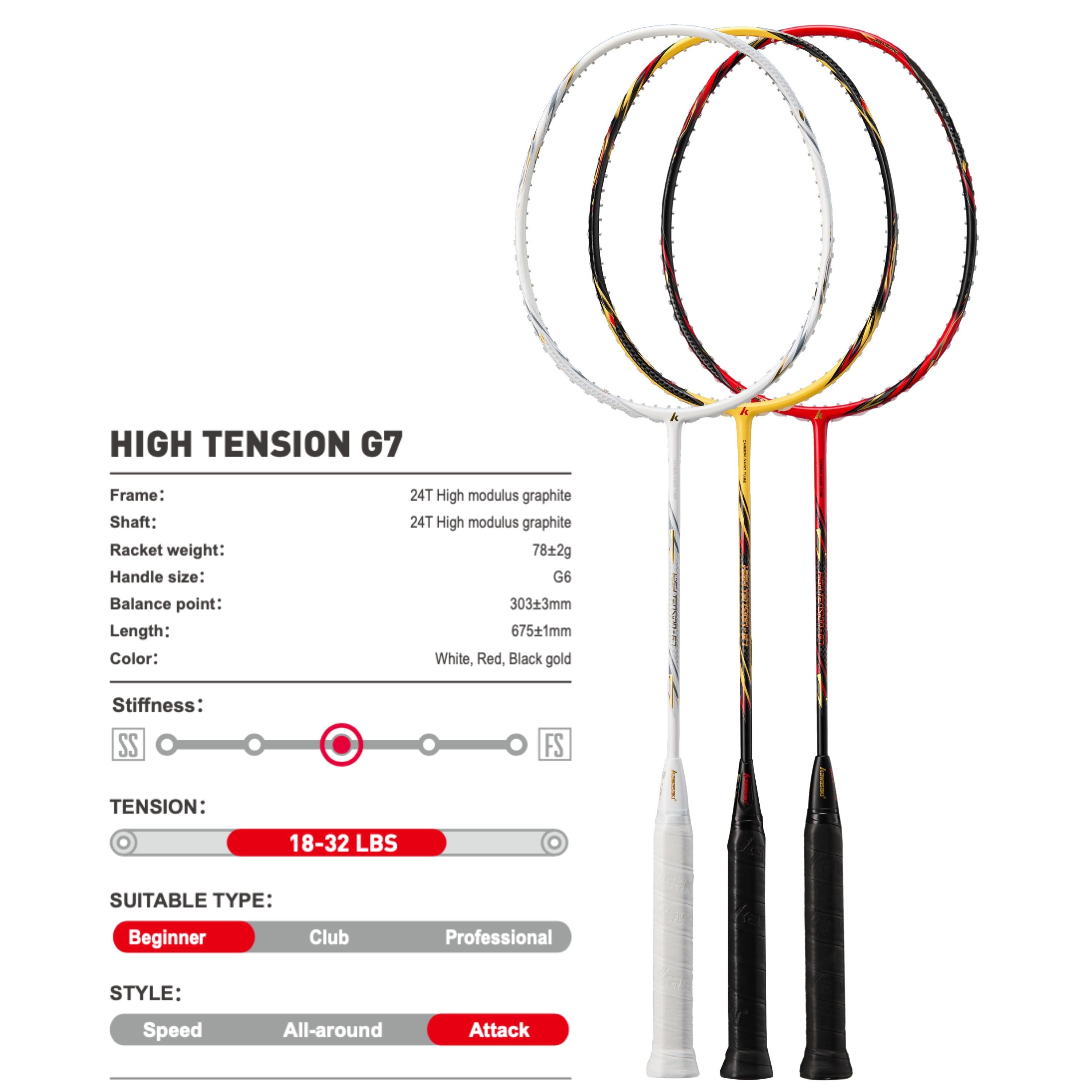 Kawasaki High Tension G7 Badminton Racket – 24T Graphite Attack