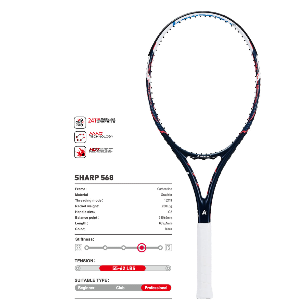 Kawasaki Sharp 568 Tennis Racket – Professional Graphite Frame for ...